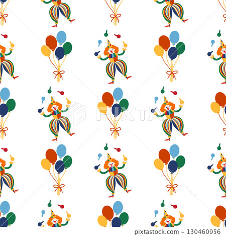 Seamless pattern with CIRCUS theme. Clowns, strongmen, lions, magic hat, hare in hat, holiday, balloons, tents. Circus characters. Cartoon flat style. Seamless pattern with CIRCUS theme. Clowns, strongmen, lions, magic hat, hare in hat, holiday, balloons, tents. Circus characters. Cartoon flat style. 130460956