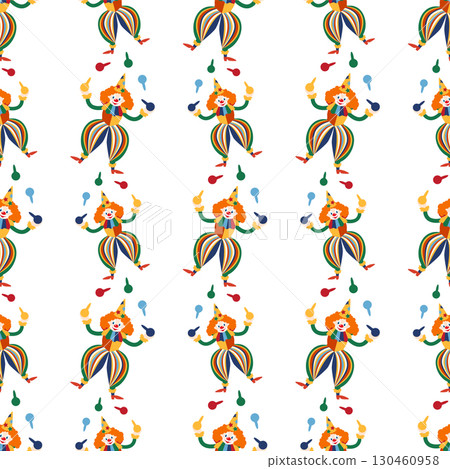 Seamless pattern with CIRCUS theme. Clowns, strongmen, lions, magic hat, hare in hat, holiday, balloons, tents. Circus characters. Cartoon flat style. Seamless pattern with CIRCUS theme. Clowns, strongmen, lions, magic hat, hare in hat, holiday, balloons, tents. Circus characters. Cartoon flat style. 130460958
