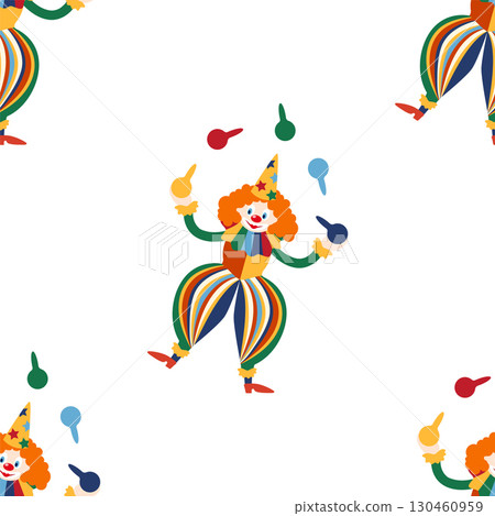 Seamless pattern with CIRCUS theme. Clowns, strongmen, lions, magic hat, hare in hat, holiday, balloons, tents. Circus characters. Cartoon flat style. 130460959