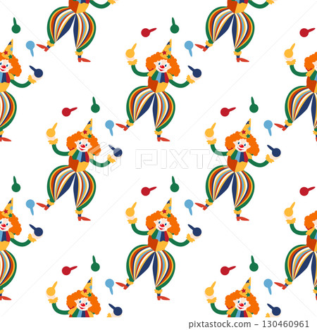 Seamless pattern with CIRCUS theme. Clowns, strongmen, lions, magic hat, hare in hat, holiday, balloons, tents. Circus characters. Cartoon flat style. Seamless pattern with CIRCUS theme. Clowns, strongmen, lions, magic hat, hare in hat, holiday, balloons, tents. Circus characters. Cartoon flat style. 130460961