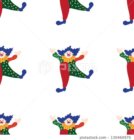 Seamless pattern with CIRCUS theme. Clowns, strongmen, lions, magic hat, hare in hat, holiday, balloons, tents. Circus characters. Cartoon flat style. Seamless pattern with CIRCUS theme. Clowns, strongmen, lions, magic hat, hare in hat, holiday, balloons, tents. Circus characters. Cartoon flat style. 130460970