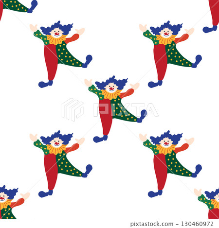 Seamless pattern with CIRCUS theme. Clowns, strongmen, lions, magic hat, hare in hat, holiday, balloons, tents. Circus characters. Cartoon flat style. Seamless pattern with CIRCUS theme. Clowns, strongmen, lions, magic hat, hare in hat, holiday, balloons, tents. Circus characters. Cartoon flat style. 130460972