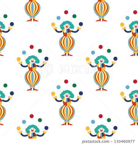 Seamless pattern with CIRCUS theme. Clowns, strongmen, lions, magic hat, hare in hat, holiday, balloons, tents. Circus characters. Cartoon flat style. 130460977