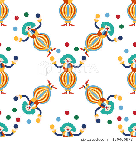 Seamless pattern with CIRCUS theme. Clowns, strongmen, lions, magic hat, hare in hat, holiday, balloons, tents. Circus characters. Cartoon flat style. Seamless pattern with CIRCUS theme. Clowns, strongmen, lions, magic hat, hare in hat, holiday, balloons, tents. Circus characters. Cartoon flat style. 130460978