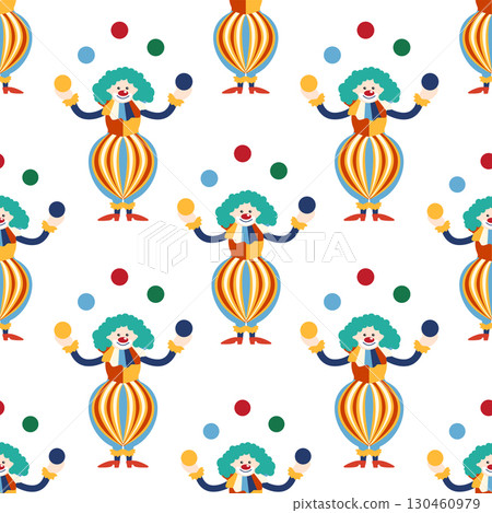 Seamless pattern with CIRCUS theme. Clowns, strongmen, lions, magic hat, hare in hat, holiday, balloons, tents. Circus characters. Cartoon flat style. 130460979