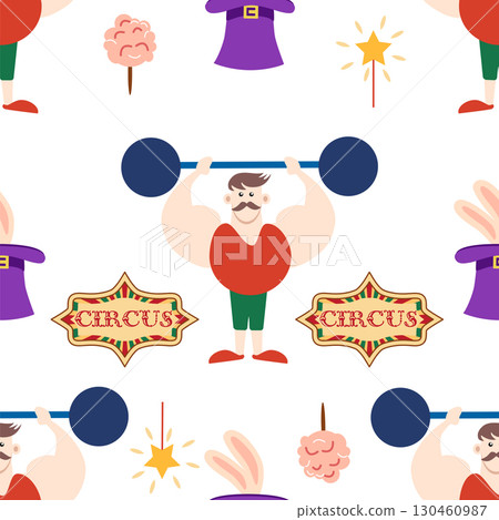 Seamless pattern with CIRCUS theme. Clowns, strongmen, lions, magic hat, hare in hat, holiday, balloons, tents. Circus characters. Cartoon flat style. Seamless pattern with CIRCUS theme. Clowns, strongmen, lions, magic hat, hare in hat, holiday, balloons, tents. Circus characters. Cartoon flat style. 130460987