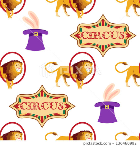 Seamless pattern with CIRCUS theme. Clowns, strongmen, lions, magic hat, hare in hat, holiday, balloons, tents. Circus characters. Cartoon flat style. 130460992