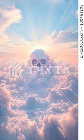 Giant surreal skull emerging through dreamy pastel clouds at sunset 130461105