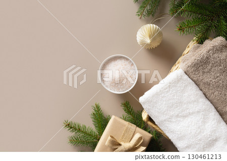Christmas banner with craft gift, paper eco friendly gift and festive composition. 130461213