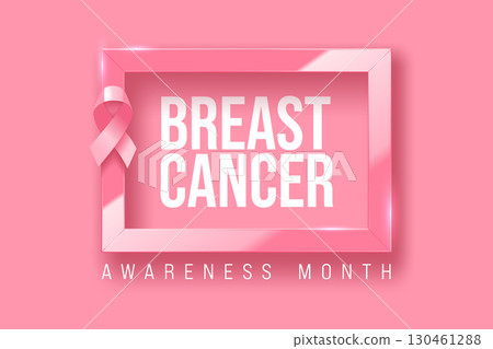 Breast cancer awareness text banner in glossy pink rectangular frame with rose ribbon bow on pink background. Modern octobre rose poster 130461288