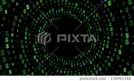 Background with a swirling vortex of green dollar signs of varying shades, radiating outwards from a central dark circular area. 130461348
