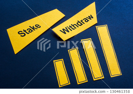 Growing chart with the words stake or withdraw. Investment decision. Growing chart with the words stake or withdraw. Investment decision. 130461358