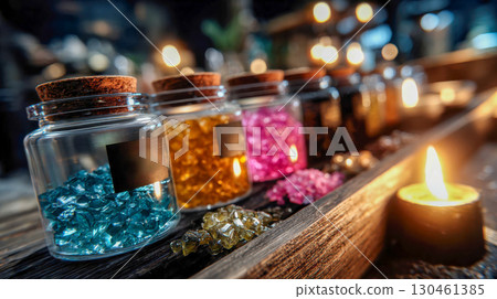 Row of colorful gemstone jars on a wooden table with warm candlelight in a mystical apothecary setting 130461385
