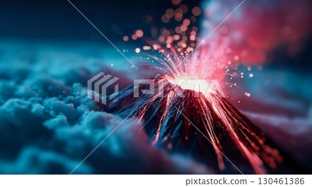 Close-up view of a volcanic eruption with glowing lava and bright sparks under dramatic night skies 130461386