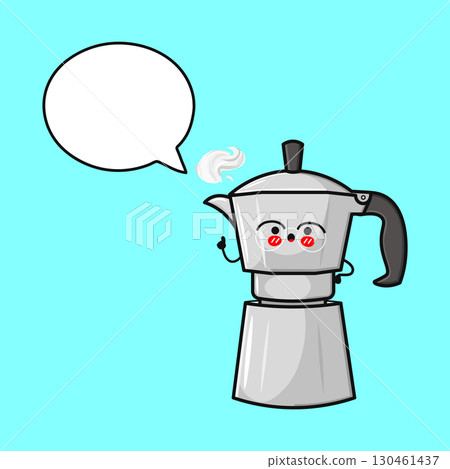 A cute cartoon Moka pot character with a speech bubble, enjoying a cup of coffee. A cute cartoon Moka pot character with a speech bubble, enjoying a cup of coffee. 130461437