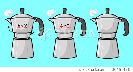 Three charming cartoon moka pots are steaming, ready to brew a delicious coffee. 130461438