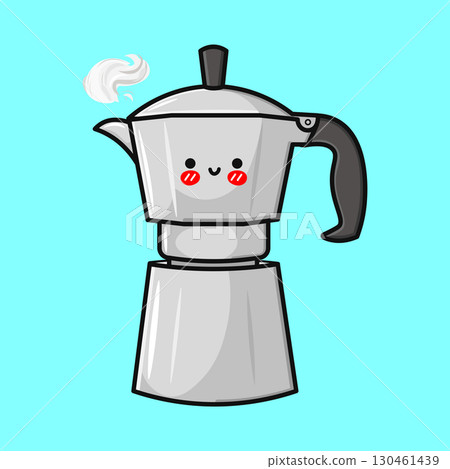 A cute cartoon coffee maker illustration with a happy face and steam. A cute cartoon coffee maker illustration with a happy face and steam. 130461439