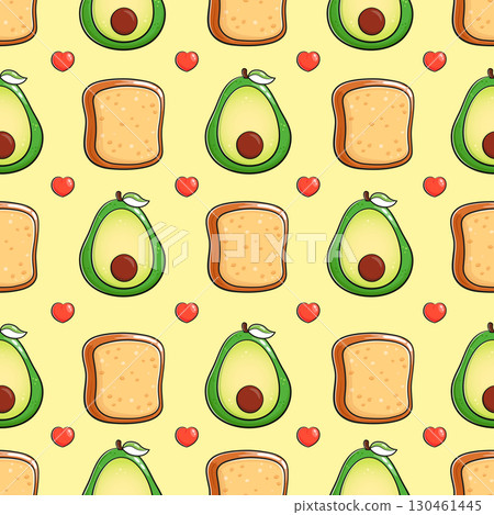 Charming seamless pattern featuring avocados, toast slices, and lovely red hearts on a yellow backdrop. Charming seamless pattern featuring avocados, toast slices, and lovely red hearts on a yellow backdrop. 130461445
