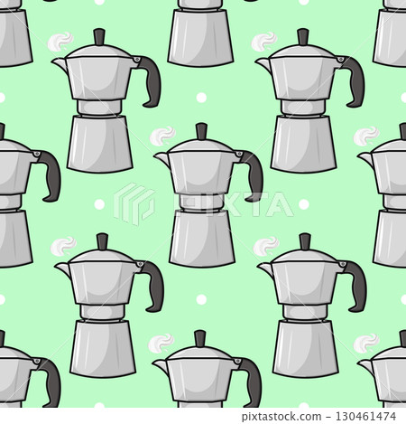 Repeating pattern of silver espresso makers on a green background with white dots. 130461474