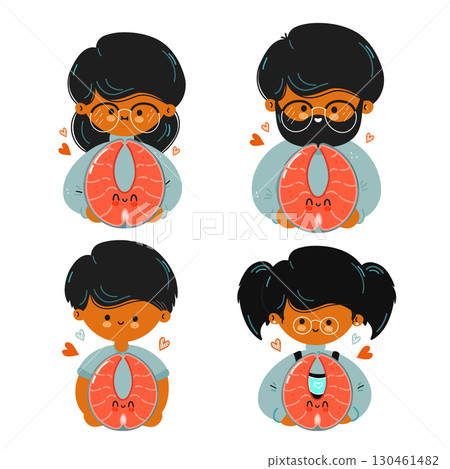 Charming cartoon family happily holding adorable salmon slices with hearts. 130461482