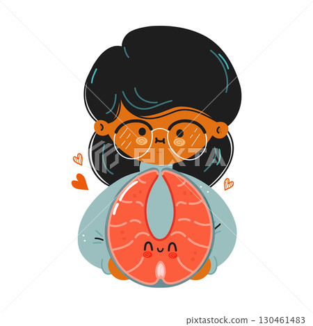 This adorable illustration features a character holding a cute slice of salmon. 130461483