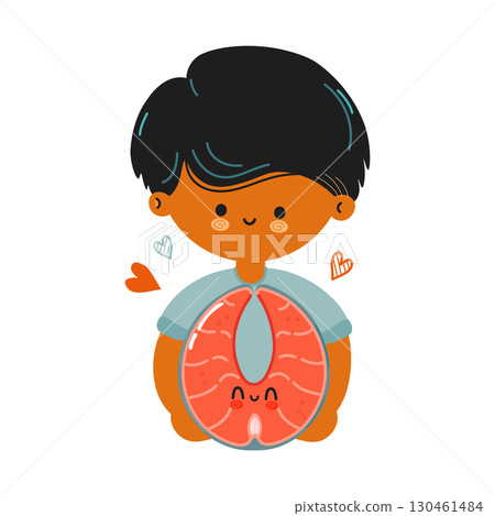 Cute illustration of a boy with salmon 130461484