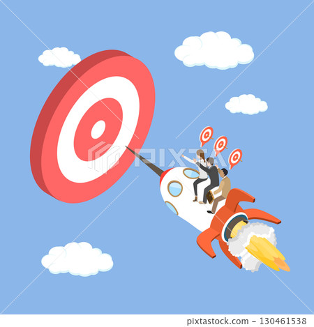 3D Isometric Flat Vector Illustration of Targeting A Goal, Business People Riding Rocket To Reach Target Bullseye, Teamwork Strategy For Success 130461538