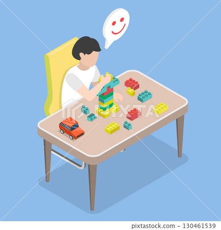 3D Isometric Flat Vector Illustration of Educational Toys, Cheerful Boy Playing With Blocks At The Table. 3D Isometric Flat Vector Illustration of Educational Toys, Cheerful Boy Playing With Blocks At The Table. 130461539