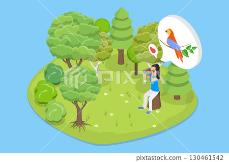 3D Isometric Flat Vector Illustration of Bird Observing, Person Using Binoculars For Bird Watching Sitting On Large Rock In Forest 130461542