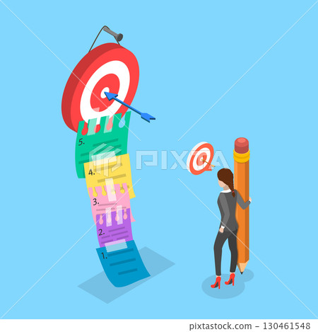 3D Isometric Flat Vector Illustration of Tasks Prioritization, Businessman Using Sticky Notes To Plan And Manage Project Tasks On Kanban Board. 130461548