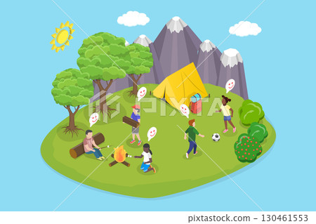 3D Isometric Flat Vector Illustration of Exploring Nature With Kids, Summer Travel And Outdoor Adventure 130461553