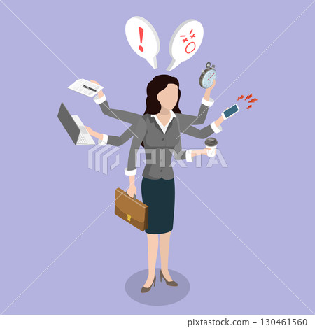 3D Isometric Flat Vector Illustration of Too Much Stress, Multitasking Woman Juggling Tasks 3D Isometric Flat Vector Illustration of Too Much Stress, Multitasking Woman Juggling Tasks 130461560