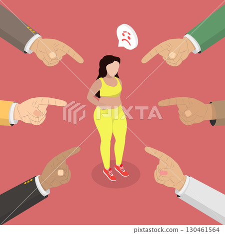 3D Isometric Flat Vector Illustration of Weight-based Teasing, People Pointing Fingers At An Overweight Woman 130461564