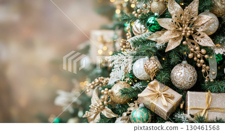Luxurious Christmas tree decorated with golden, green, and white ornaments and gifts. Festive background. Luxurious Christmas tree decorated with golden, green, and white ornaments and gifts. Festive background. 130461568
