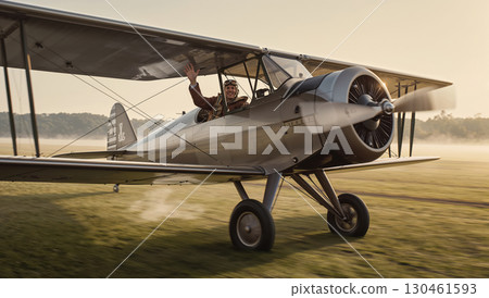 1920 mail airplane lands on misty green airfield at dawn 130461593