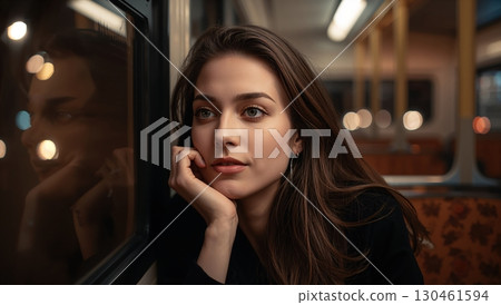 Young woman gazes softly through tram window with golden city reflections 130461594