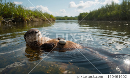 Peaceful river otter floats serenely with pebble on calm water surface 130461602