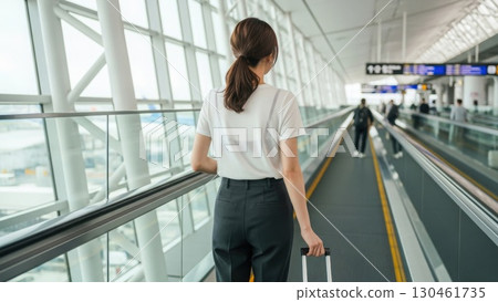 Rear view of a woman pulling a suitcase on a moving walkway at the airport 130461735