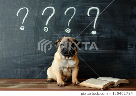 a pug dog sitting with question marks on black board a pug dog sitting with question marks on black board 130461784