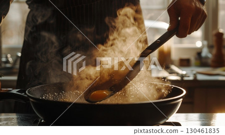 A person uses a spatula to flip an egg in a hot frying pan on the stovetop. Steam rises dramatically, creating a warm, cinematic atmosphere in the kitchen AI generated 130461835