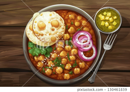 An overhead illustration of Chana Masala, a chickpea curry, served with a puffy flatbread and sliced onions in a bowl on a wooden surface AI generated 130461839