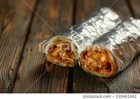 Kathi roll wrapped in foil, cut in half, showing paneer or chicken filling, street food style, wooden table background, handheld snack photography AI generated 130461842