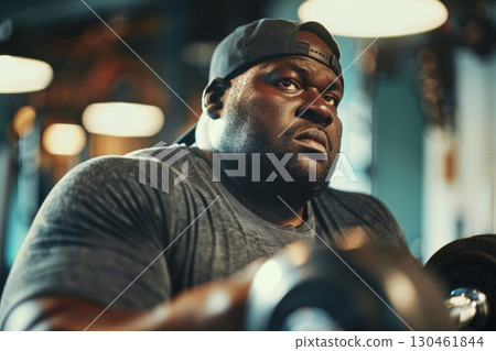 Realistic plus size man in gym, doing resistance training with dumbbells, muscular effort, focused face, gym background, natural light, healthy lifestyle, strength, fitness motivation AI generated 130461844