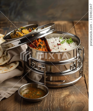 An arranged tiffin meal is set on a dark wooden table. The multiple compartments contain a variety of curries and rice, ready to be served AI generated 130461847