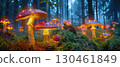A magical forest scene with glowing red mushrooms. The misty, blue-toned woods and ground covered in moss create a mystical, fantasy atmosphere AI generated 130461849