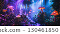 A lush, otherworldly forest glows with an ethereal light. The scene is dominated by giant, luminous mushrooms and vibrant, glowing foliage amidst a gentle mist AI generated 130461850