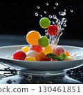 A bowl holds colorful round molecular candies or jellies, with a dynamic water splash captured in motion. The surreal, high-speed photography style highlights the vibrant treats AI generated 130461851