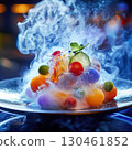 A modern molecular dessert features vibrant fruit spheres and delicate structures on a plate. It is dramatically shrouded in cold vapor, creating a theatrical, otherworldly effect AI generated 130461852