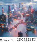 A surreal vertical cityscape stretching into the sky, floating islands connected by bridges, vibrant neon lights, soft fog, ultra-detailed, fantasy cyberpunk style AI generated 130461853