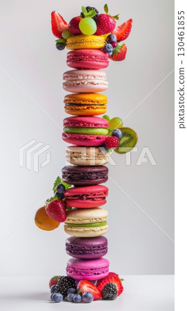 A vertical stack of colorful macarons is topped and surrounded by fresh berries and grapes. The clean, minimalist studio background highlights the vibrant dessert AI generated 130461855